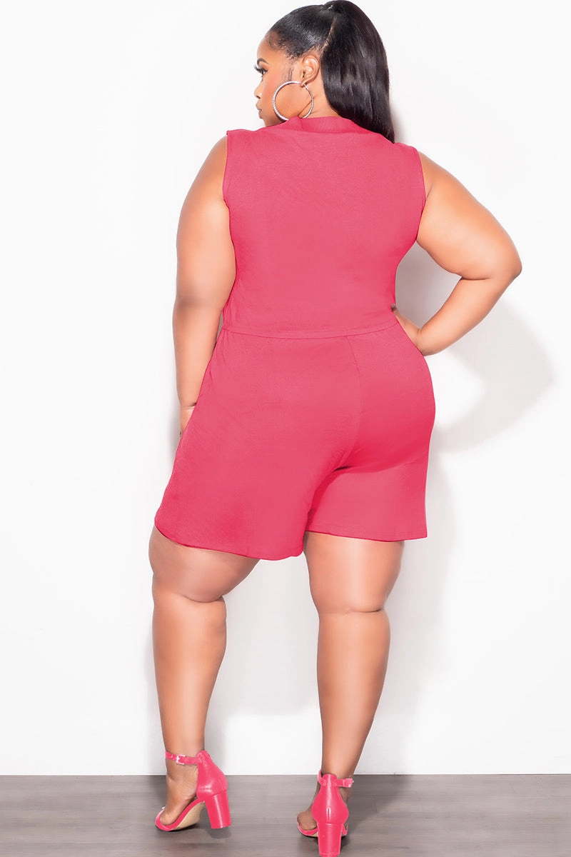 Final Sale Plus Size Sleeveless French Terry V Neck Romper in Rose Pink Friction Resistant Fabric