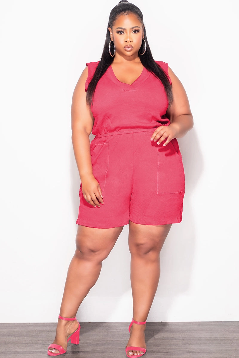 Final Sale Plus Size Sleeveless French Terry V Neck Romper in Rose Pink Breathable Design AntiStaticLining