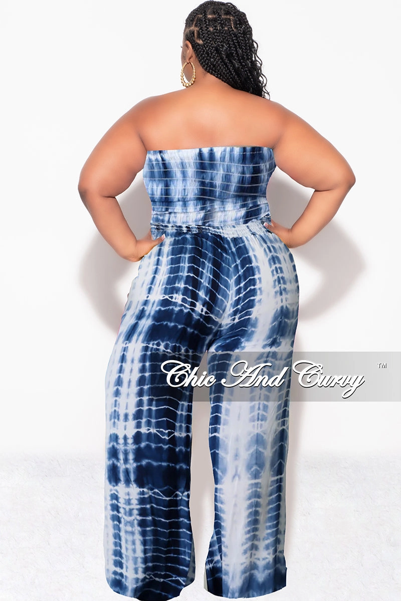 Fitted waist Zip-off legs Final Sale Plus Size 2pc Strapless Frill Crop Top and Palazzo Pants Set Blue & White Tie Dye Print