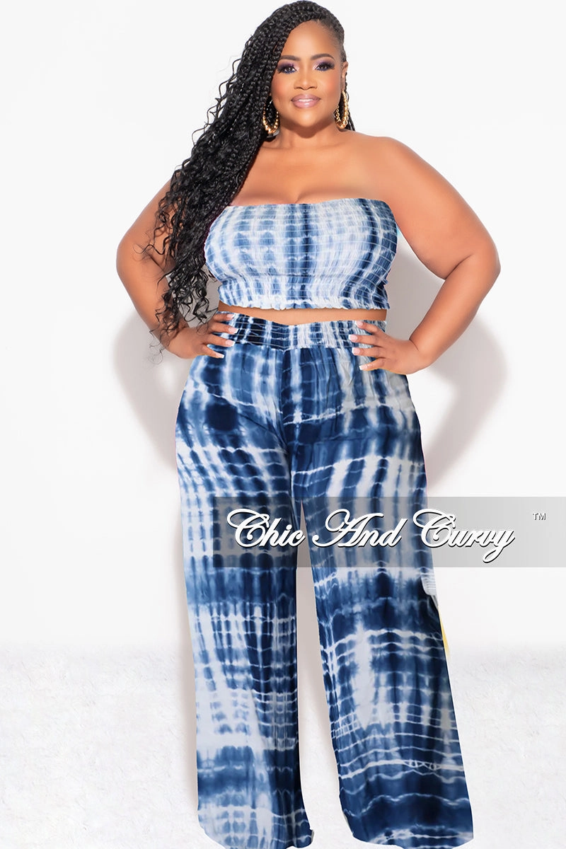 Final Sale Plus Size 2pc Strapless Frill Crop Top and Palazzo Pants Set Blue & White Tie Dye Print DurableReinforcedMaterial