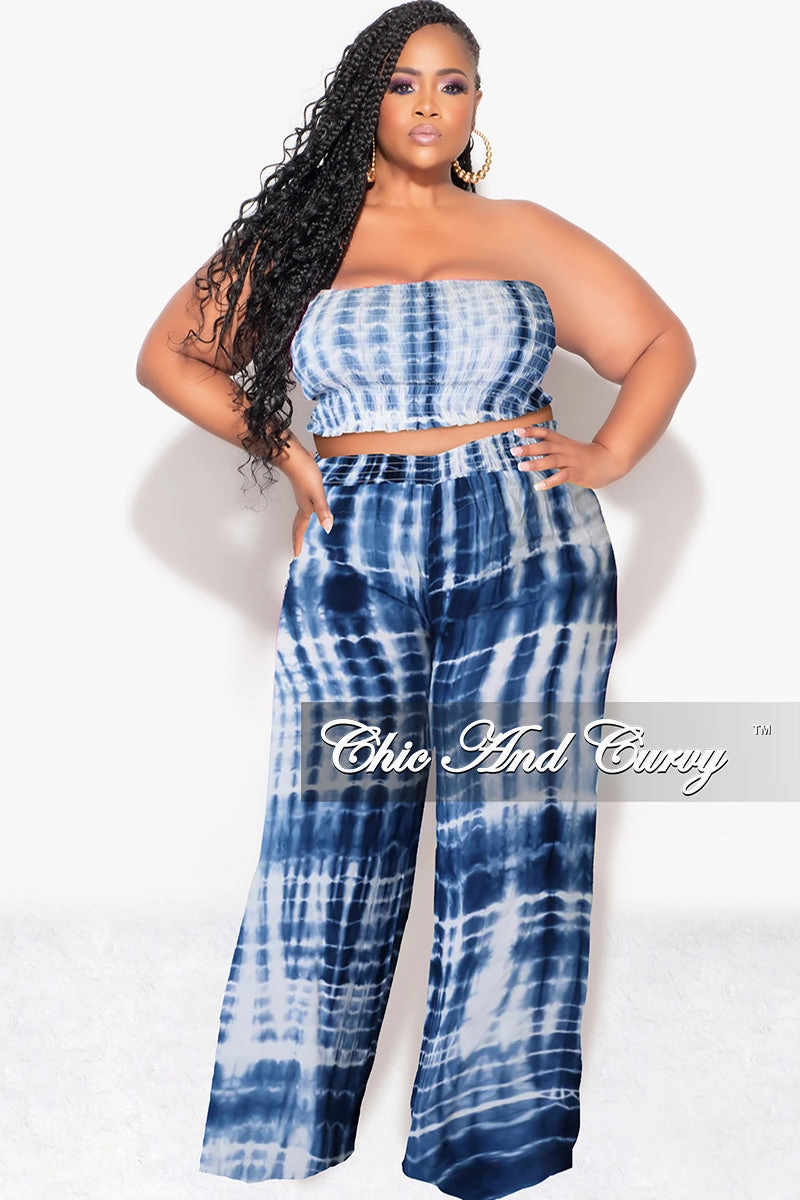 Final Sale Plus Size 2pc Strapless Frill Crop Top and Palazzo Pants Set Blue & White Tie Dye Print Reinforced Knees Minimal Bulk