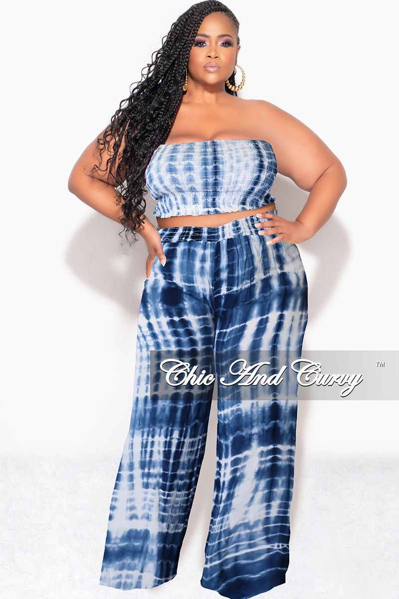 Final Sale Plus Size 2pc Strapless Frill Crop Top and Palazzo Pants Set Blue & White Tie Dye Print Flexible Use
