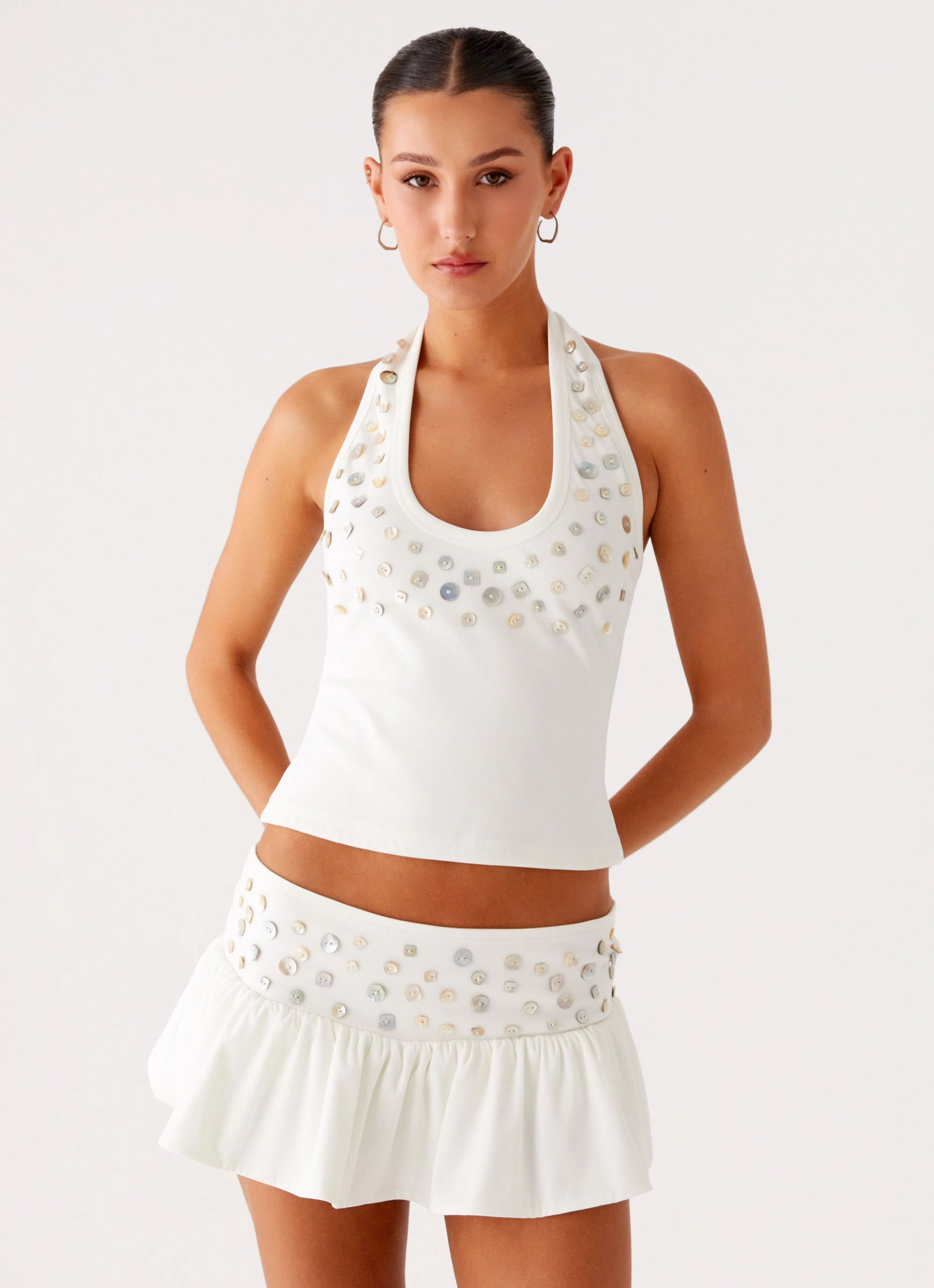 Smooth Layer Vegas Nights Low Rise Skort - White Sleek Motion Twist Knot Details