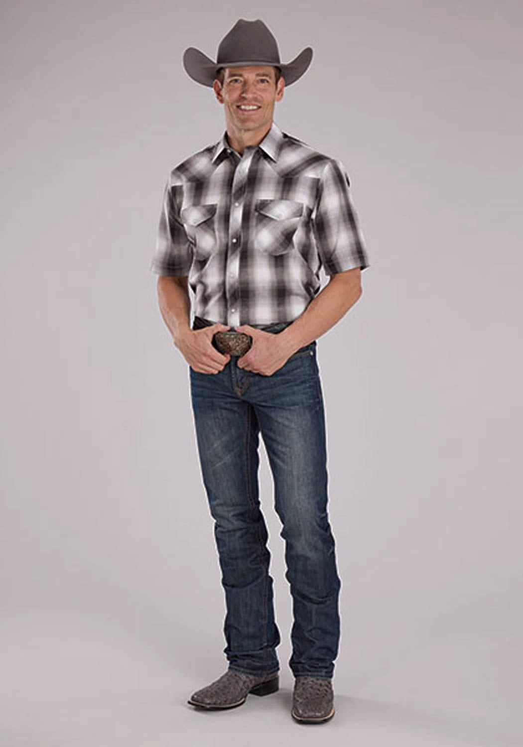 Laser Cut Edge Detail Roper Mens 2486 Western Plaid Grey/White Cotton Blend S/S Shirt