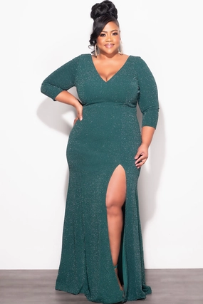 Reinforced Shoulders Final Sale Plus Size Shimmer Gown with Front Slit in Green