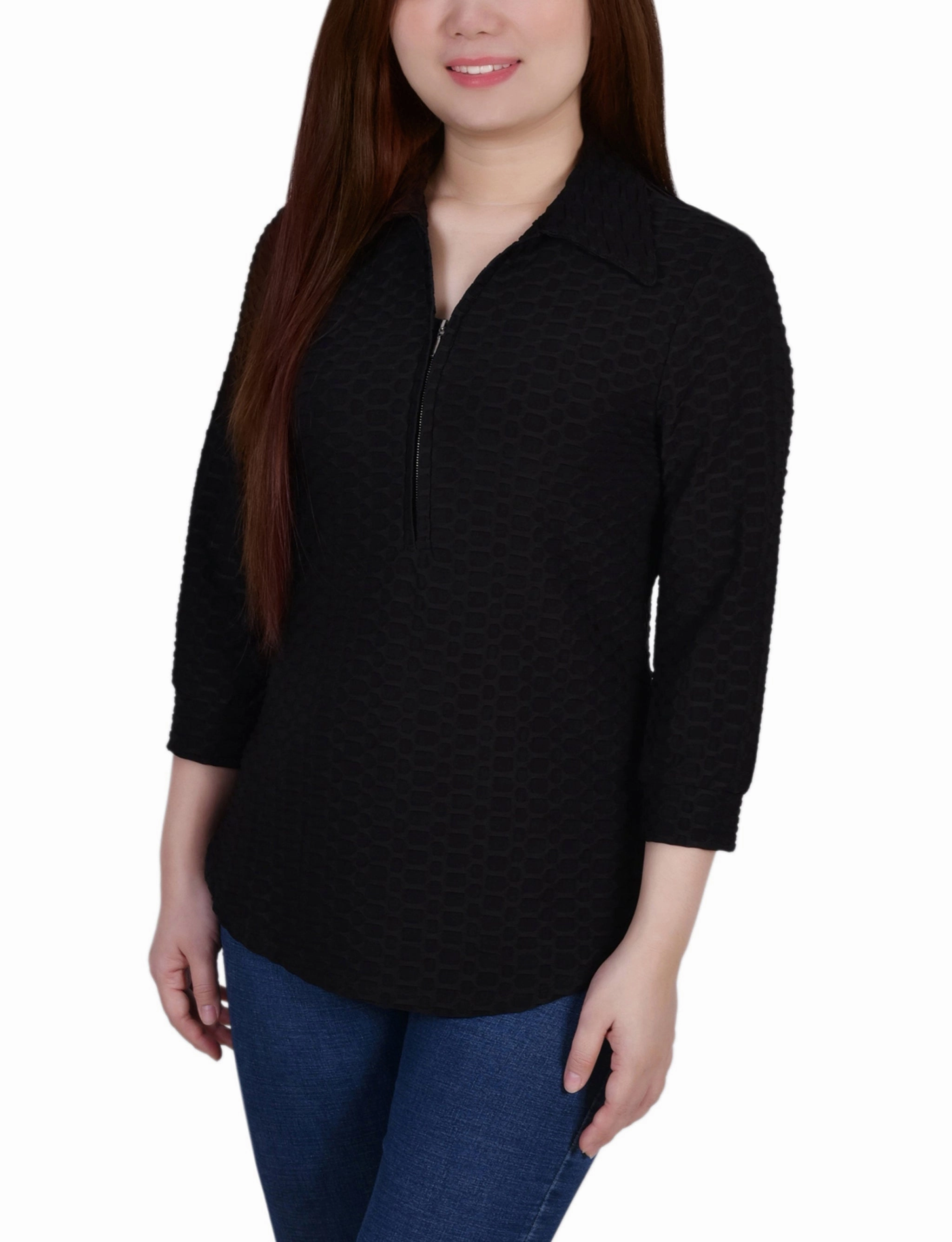 3/4 Sleeve Honeycomb Half Zip Collared Top Stretchable Blend
