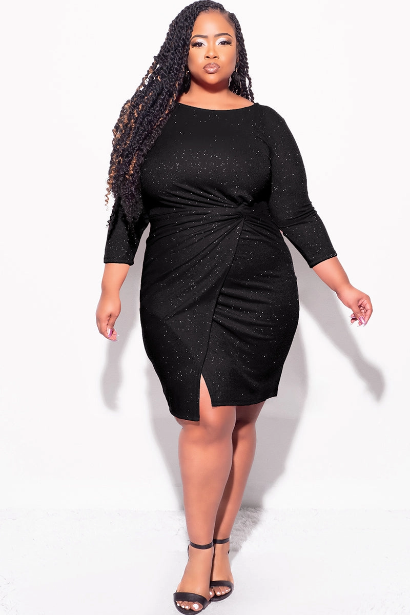 MultiFunctionalDesign Non Chafe Armholes Final Sale Plus Size Glitter BodyCon with Front Overlay and Ruched Side in Black