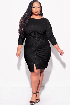 MultiFunctionalDesign Non Chafe Armholes Final Sale Plus Size Glitter BodyCon with Front Overlay and Ruched Side in Black