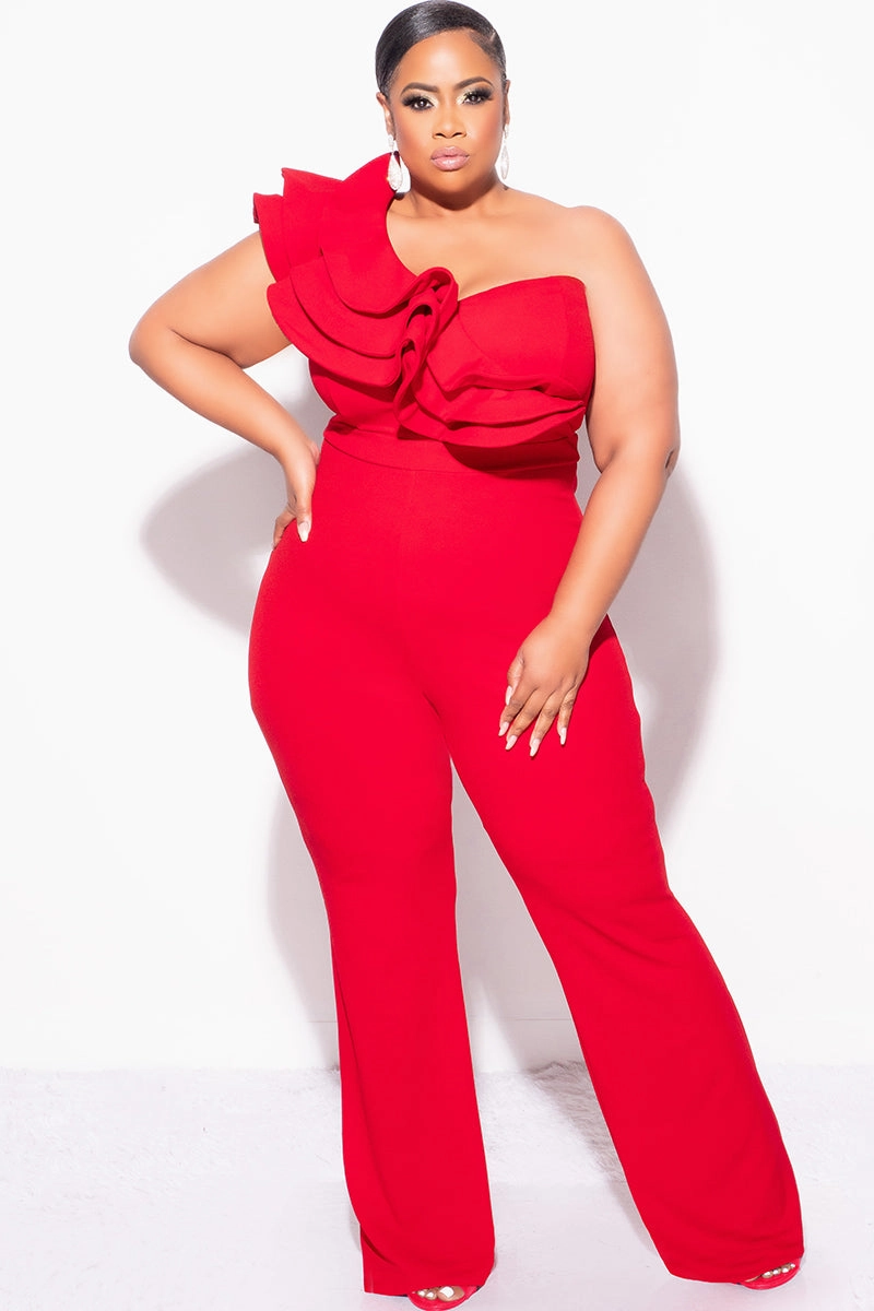 Final Sale Plus Size One Shoulder Ruffle Trim Jumpsuit in Dark Red Trendy Vibes Wear Active Outfit Style
