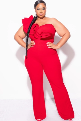 Final Sale Plus Size One Shoulder Ruffle Trim Jumpsuit in Dark Red Flexible Knit Fabric
