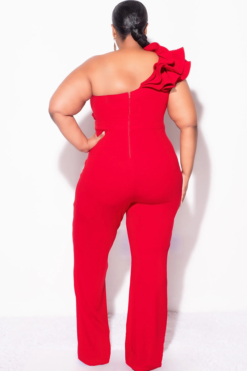 Low Impact Manufacturing FourWayStretch Final Sale Plus Size One Shoulder Ruffle Trim Jumpsuit in Dark Red