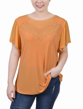 Petite Studded Short Flutter Sleeve Top With Mesh Details DurableBlend TailoredCut