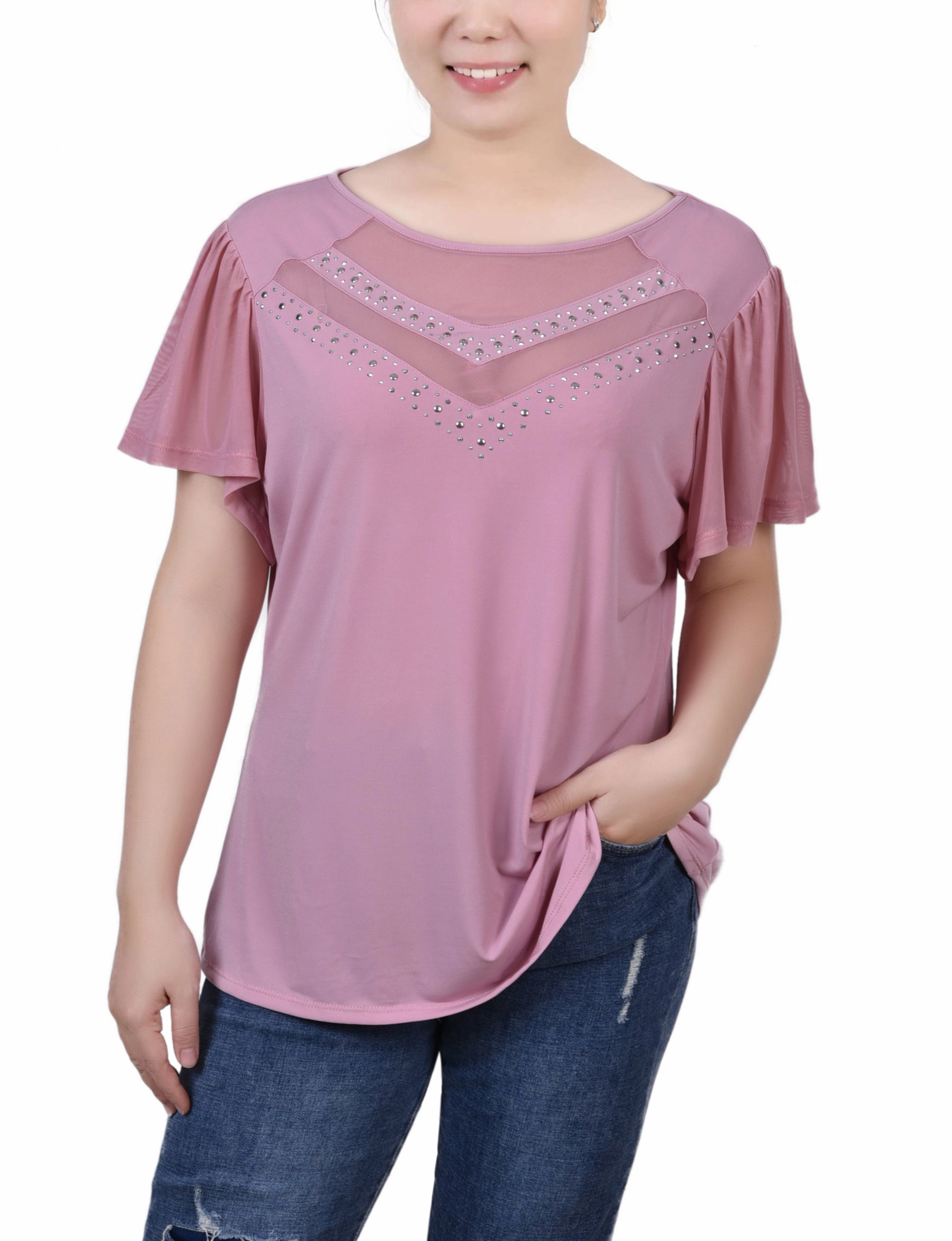 Petite Studded Short Flutter Sleeve Top With Mesh Details WaterResistantCoating DropShoulder