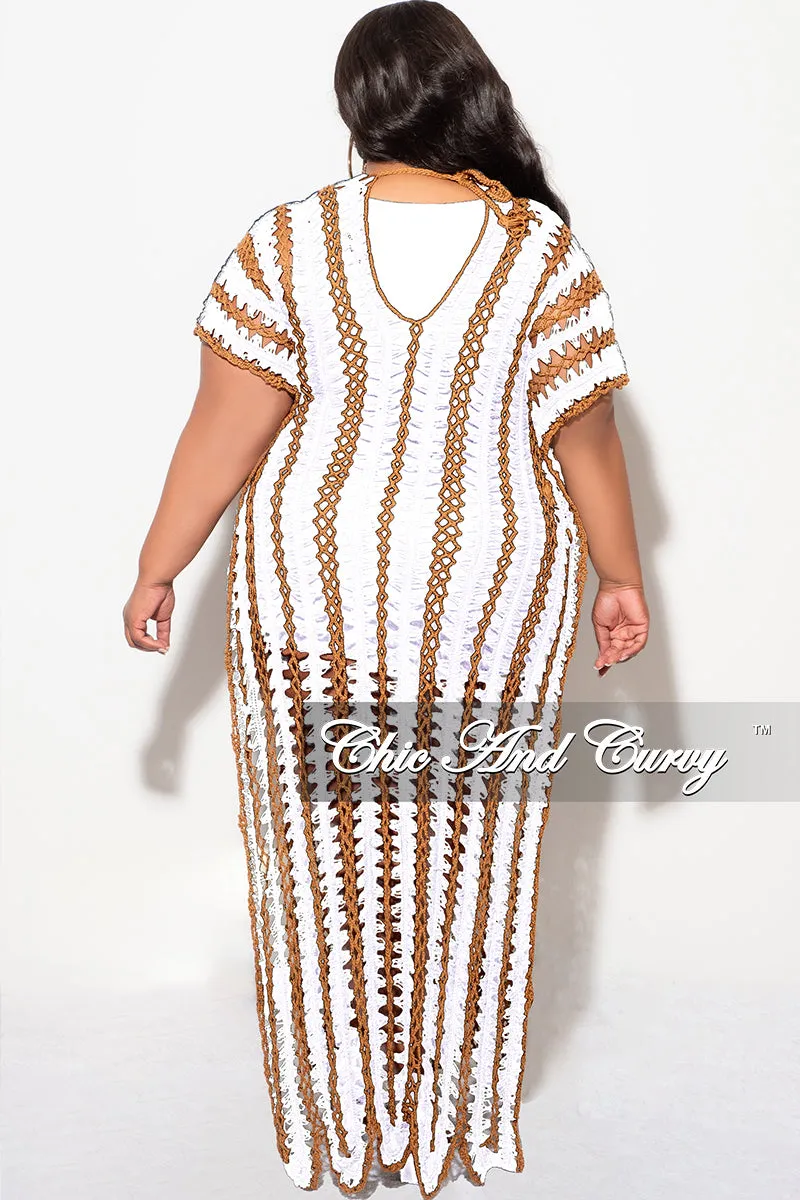 Relaxed Style Sleek Comfort Final Sale Plus Size Crochet Cover Up in White & Tan