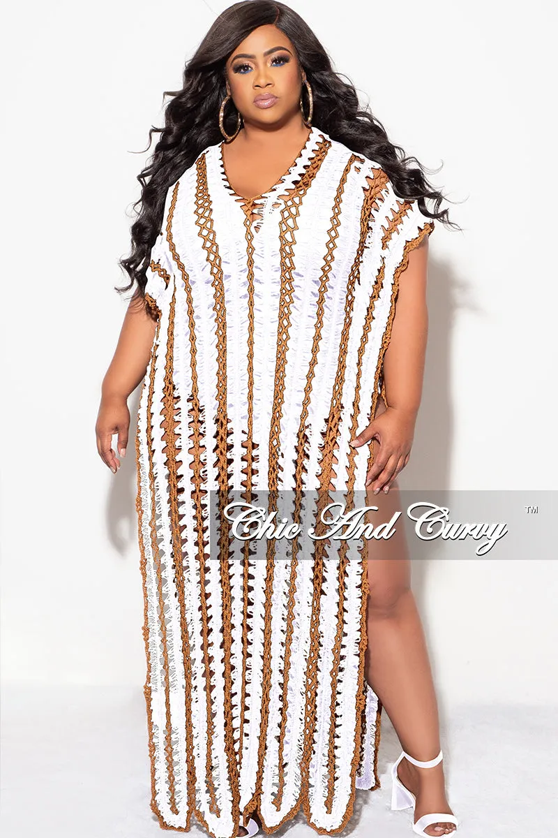 Adjustable drawstring Easy Flex Design Final Sale Plus Size Crochet Cover Up in White & Tan