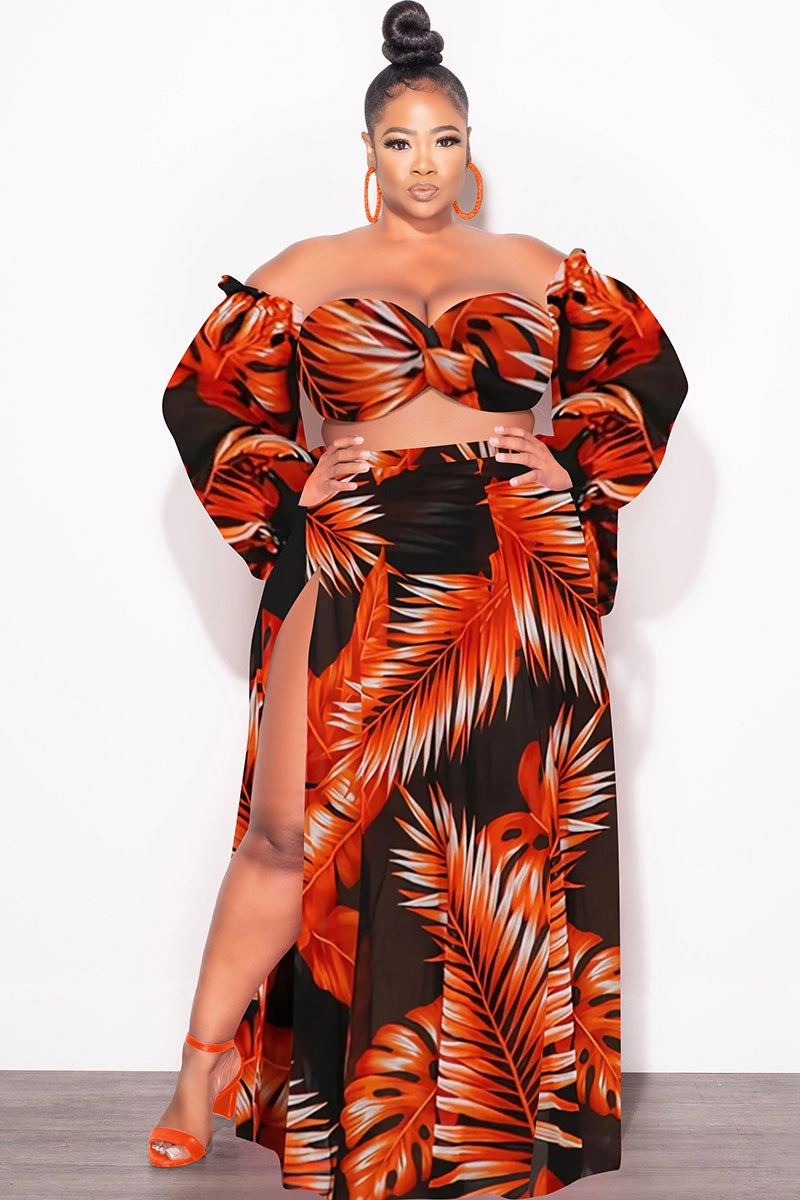 Final Sale Plus Size 3pc Playsuit Set in Burnt Orange Tropical Palm Print Multi Pocket System