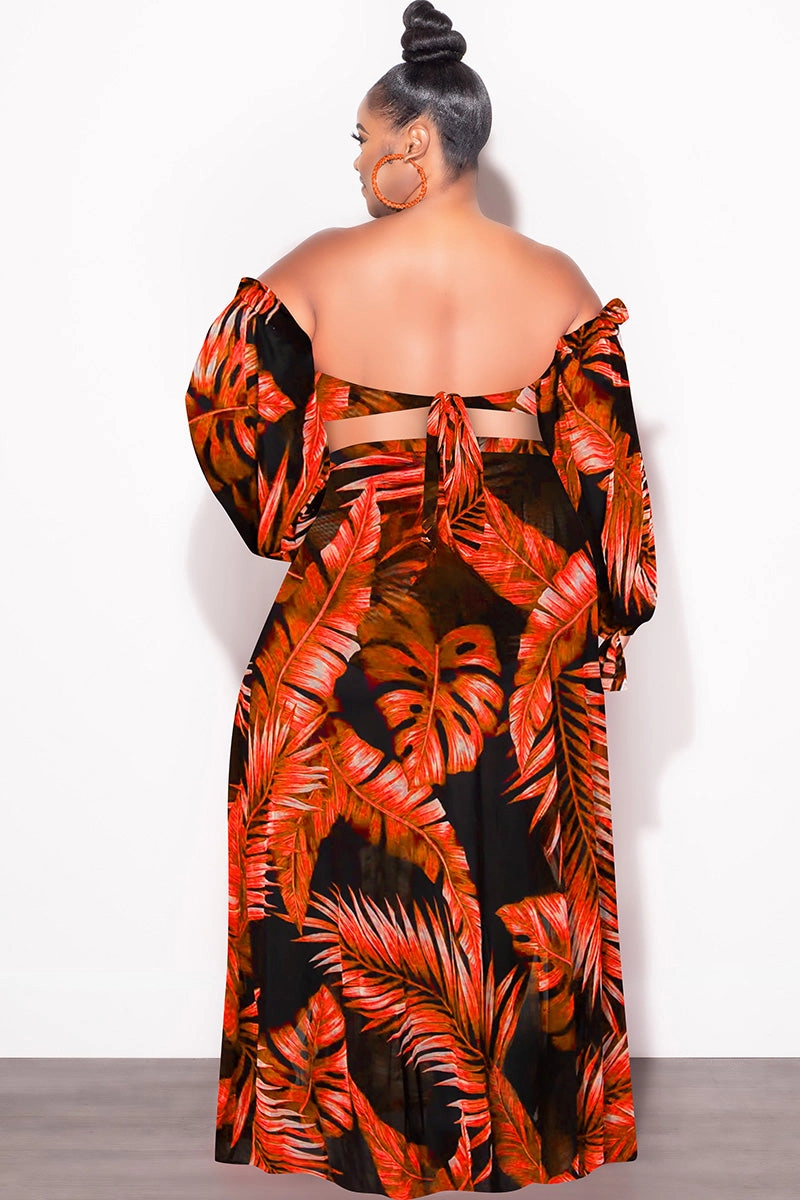 Work Friendly Final Sale Plus Size 3pc Playsuit Set in Burnt Orange Tropical Palm Print