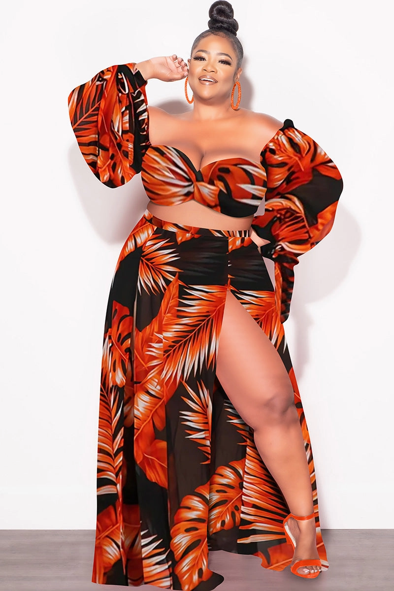 Sophisticated Look Durable Weave Final Sale Plus Size 3pc Playsuit Set in Burnt Orange Tropical Palm Print