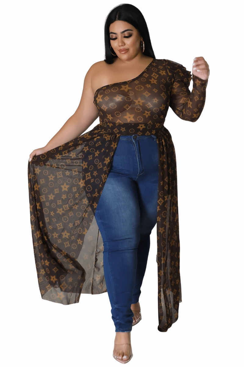 Casual Layer Cooling Fabric Final Sale Plus Size Mesh One Shoulder Top with Train in Brown and Taupe Design Print