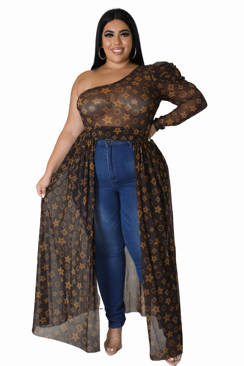 Final Sale Plus Size Mesh One Shoulder Top with Train in Brown and Taupe Design Print Chic Design