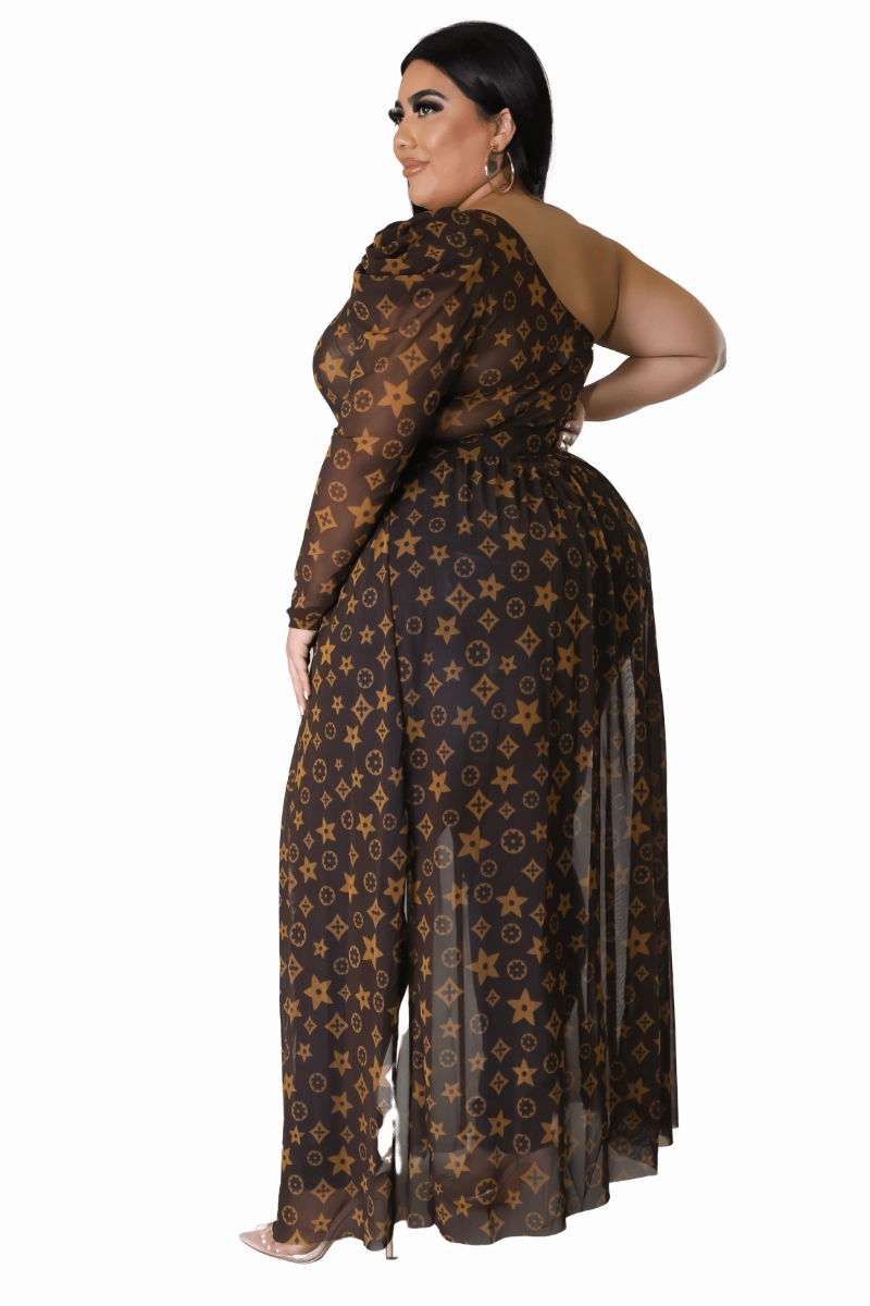 Final Sale Plus Size Mesh One Shoulder Top with Train in Brown and Taupe Design Print AntiPilling