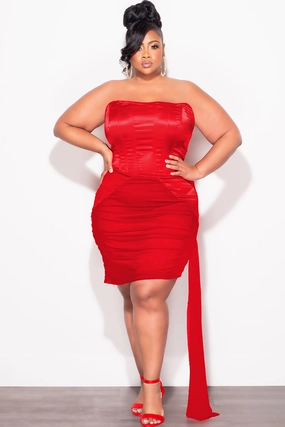 Final Sale Plus Size Satin Strapless Mini Dress with Side Train in Red Move Comfort TaglessLabel