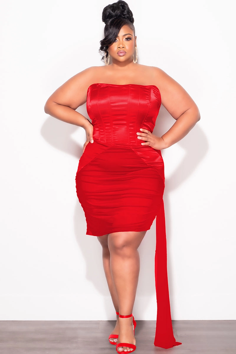 Stylish Fit Final Sale Plus Size Satin Strapless Mini Dress with Side Train in Red