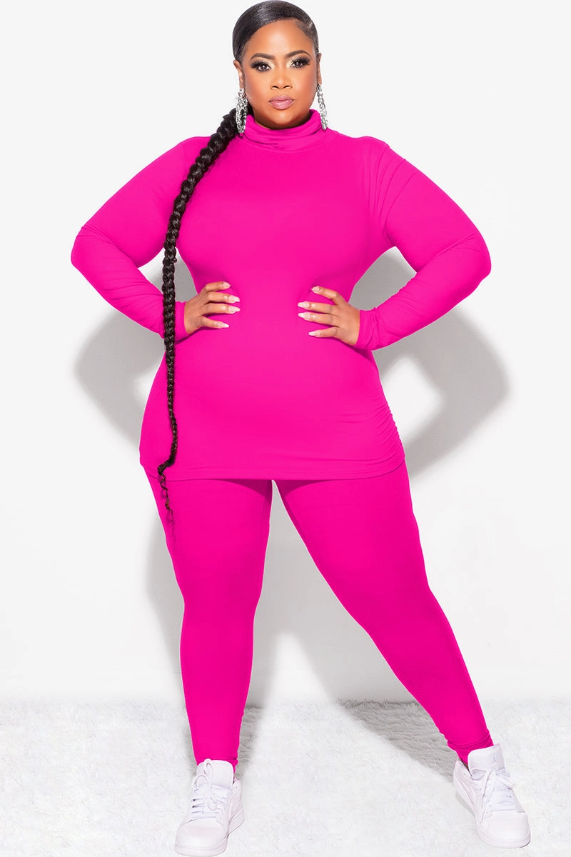 Contrast Trim Final Sale Plus Size 2pc Set Turtleneck & Legging in Fuchsia Pink