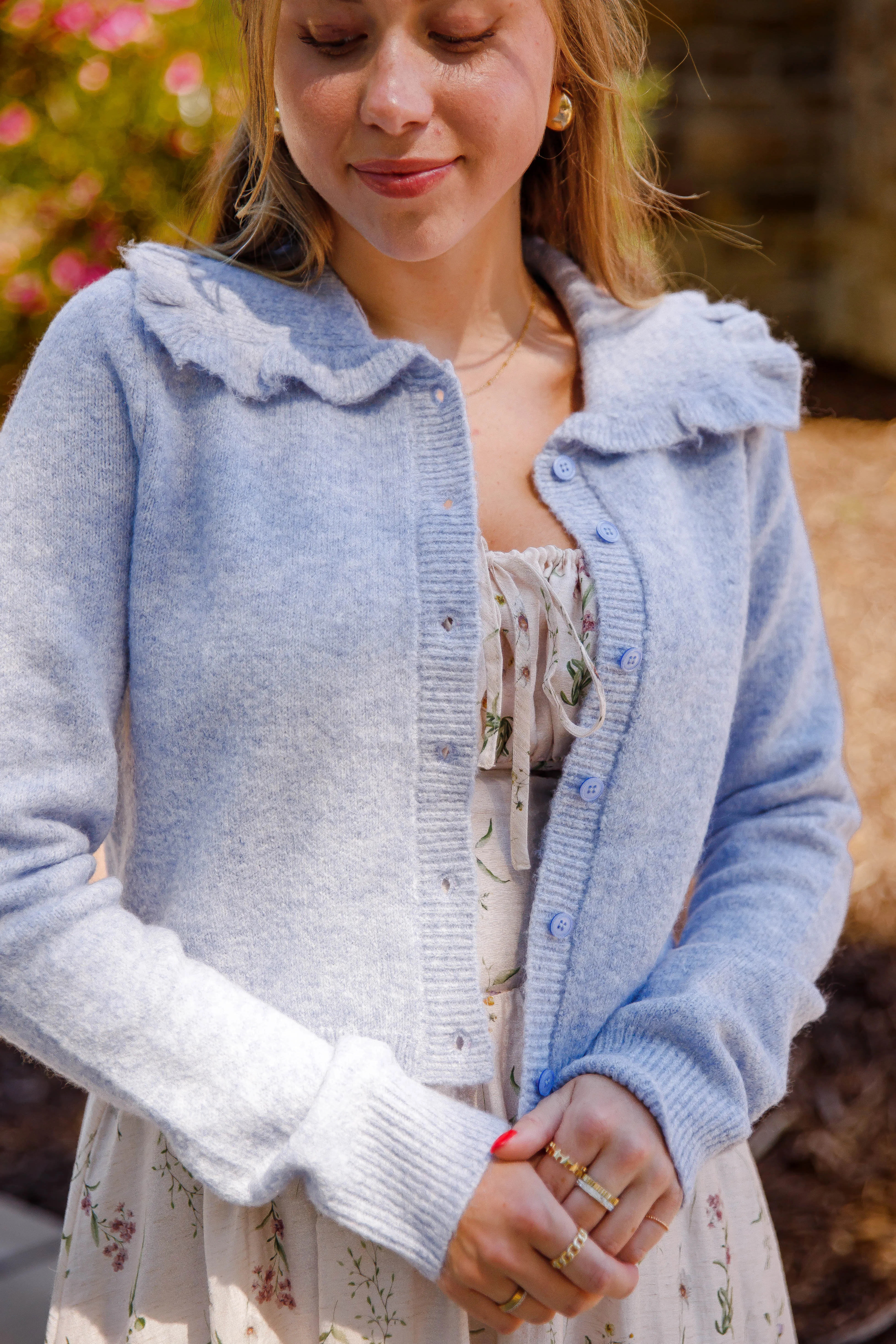 SeamlessDesign Grid Back Panel Frills and Thrills Cardigan-Baby Blue