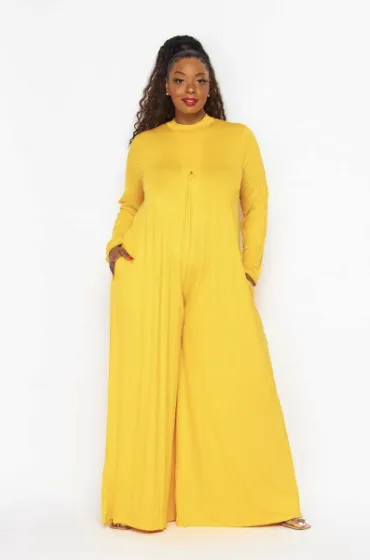 Final Sale Plus Size Long Sleeve Shiny Wide Leg Jumpsuit in Yellow Casual Must-Have Shape Flex