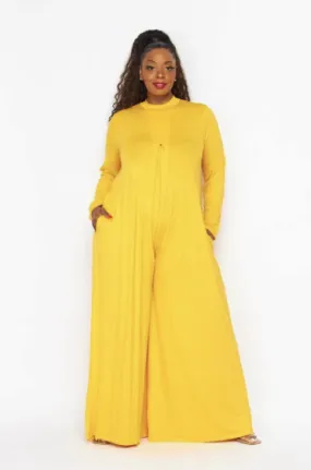 Final Sale Plus Size Long Sleeve Shiny Wide Leg Jumpsuit in Yellow Casual Must-Have Shape Flex