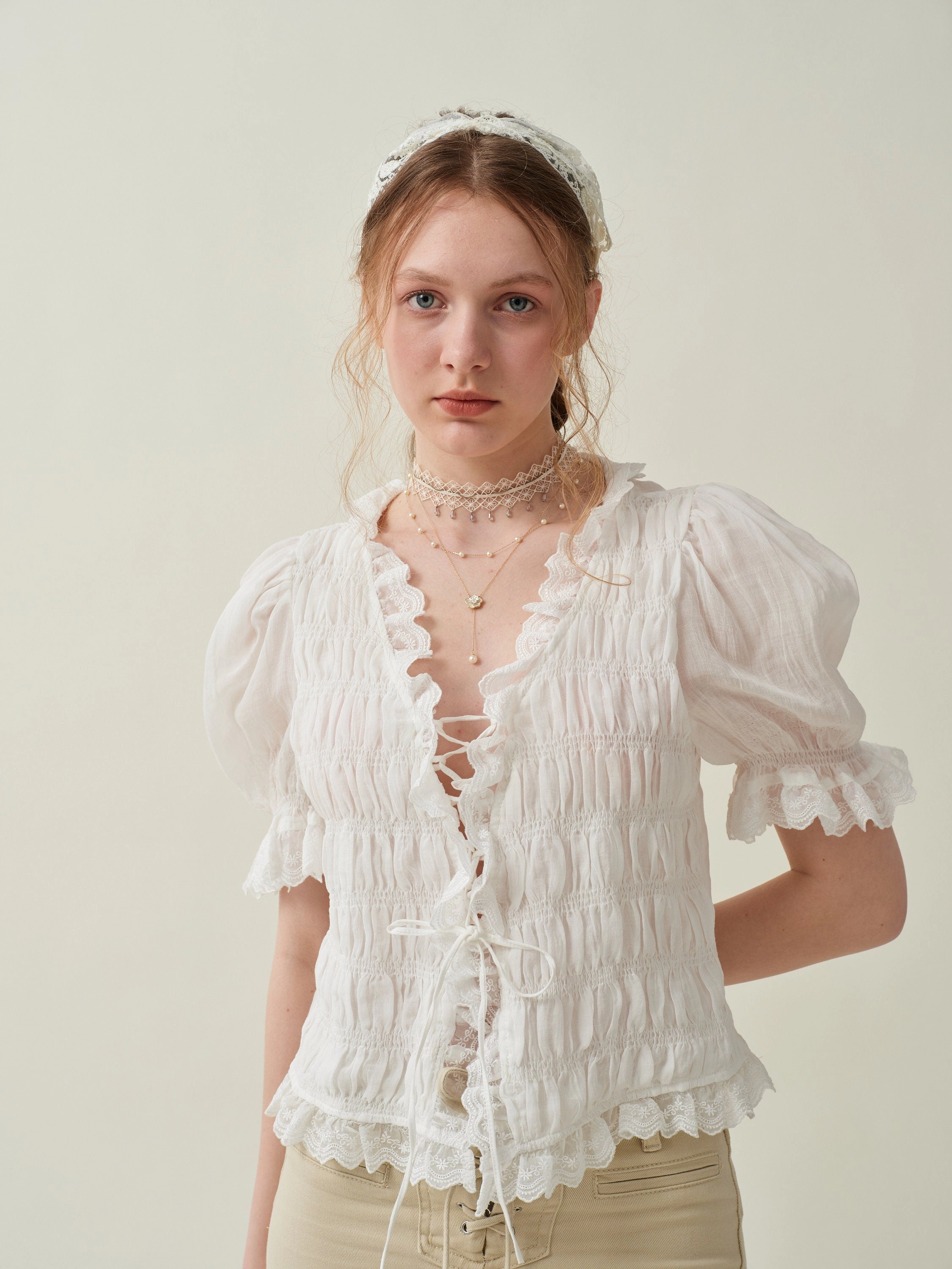 Luna 26 | lace up linen top blouse FadeResistant Color