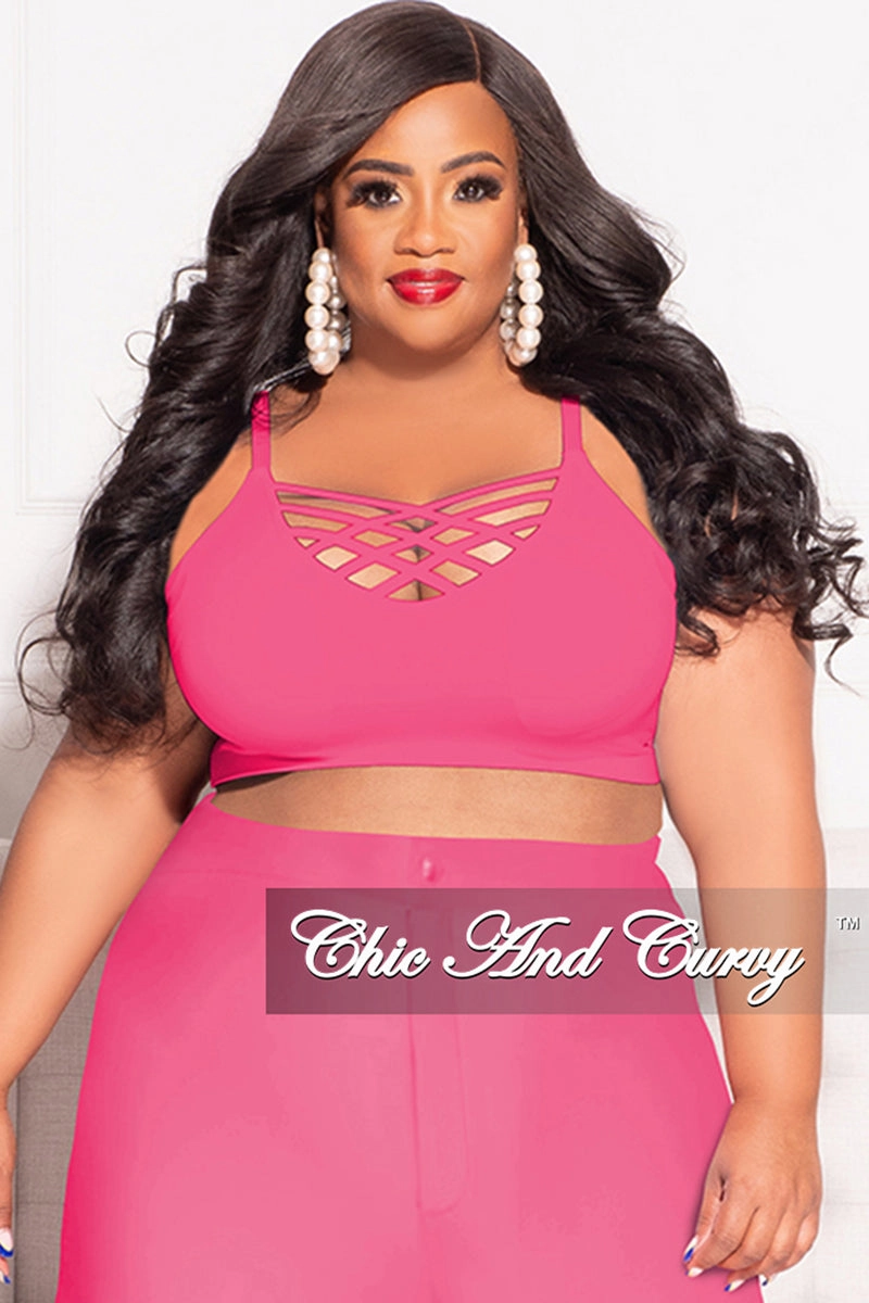 Final Sale Plus Size Spaghetti Strap Triple Criss Cross Front Bralette in Neon Pink NonRestrictiveFit Wrinkle-Resistant