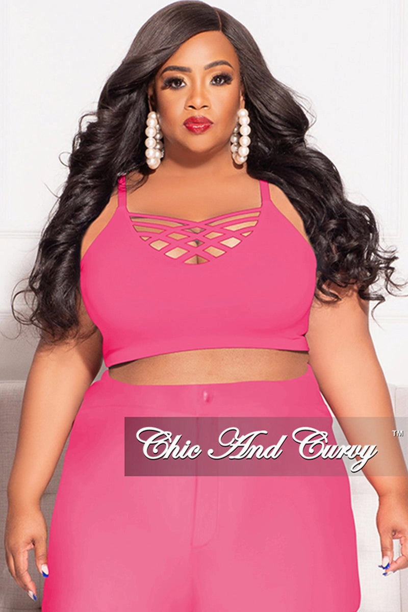 Final Sale Plus Size Spaghetti Strap Triple Criss Cross Front Bralette in Neon Pink Layered Protection