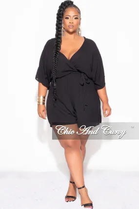 Final Sale Plus Size Faux Wrap Romper with Tie in Black Comfortable Leg