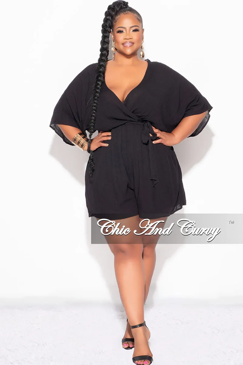 Final Sale Plus Size Faux Wrap Romper with Tie in Black Chilly Weather