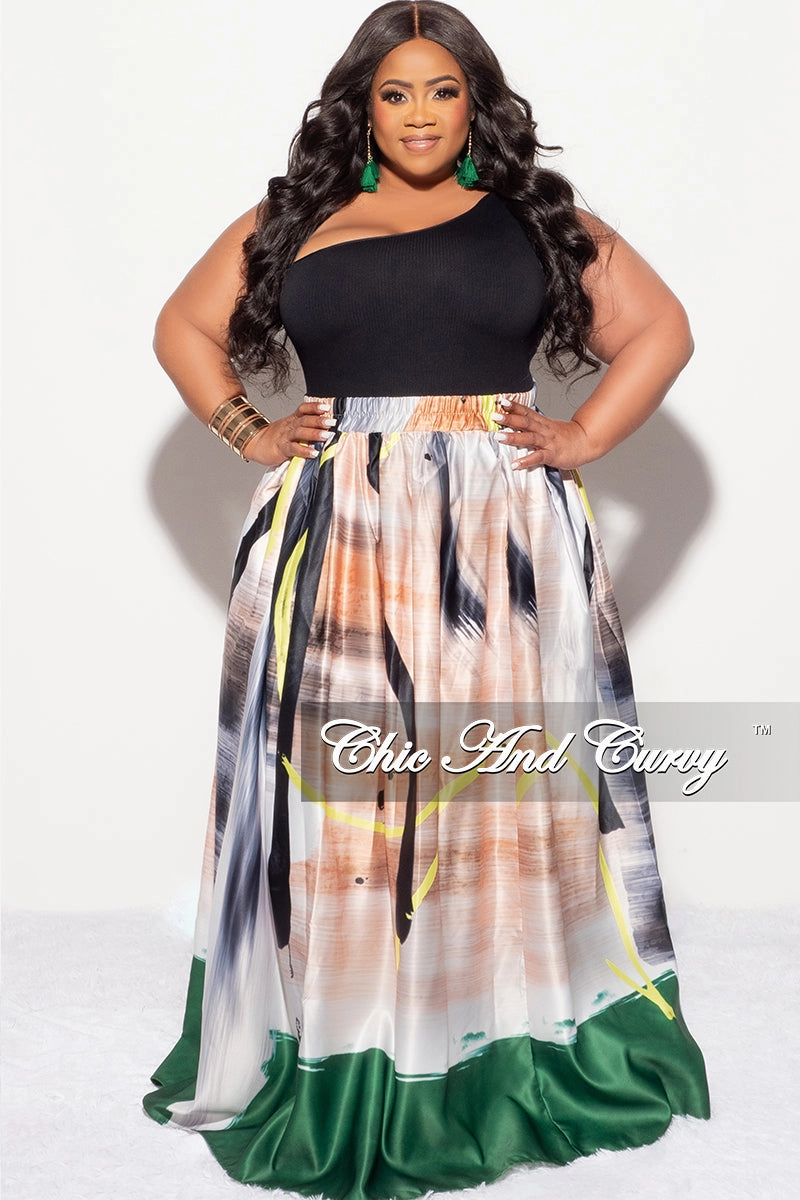 Final Sale Plus Size Maxi Satin Skirt in Tan, Black, White, Neon and Green Print (Skirt Only) Warm design Recycled Polyester Blend