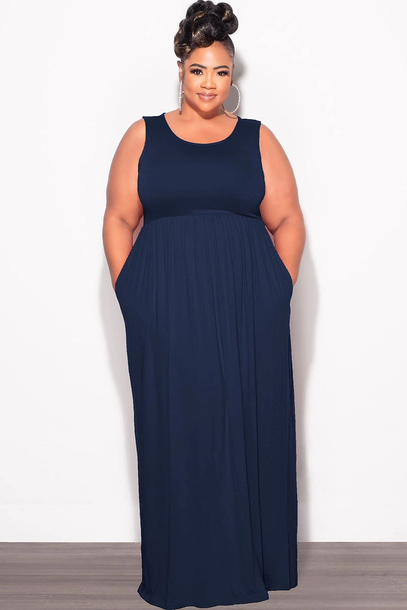 Final Sale Plus Size Sleeveless Maxi Dress in Navy EcoFriendlyBlend Tight Waist