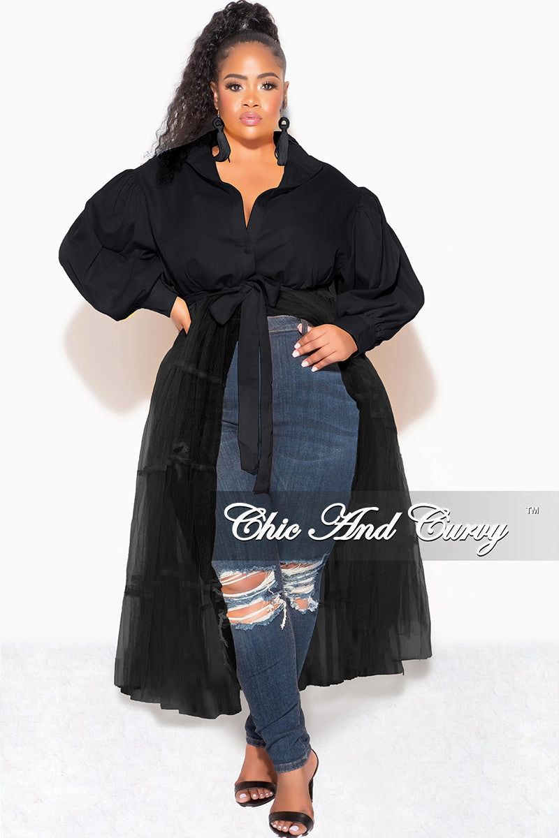 Final Sale Plus Size Puffy Long Sleeve Button Up Top with Mesh Train in Black Flex Wear