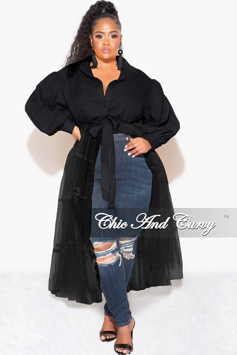 Flat Lock Stitching Final Sale Plus Size Puffy Long Sleeve Button Up Top with Mesh Train in Black