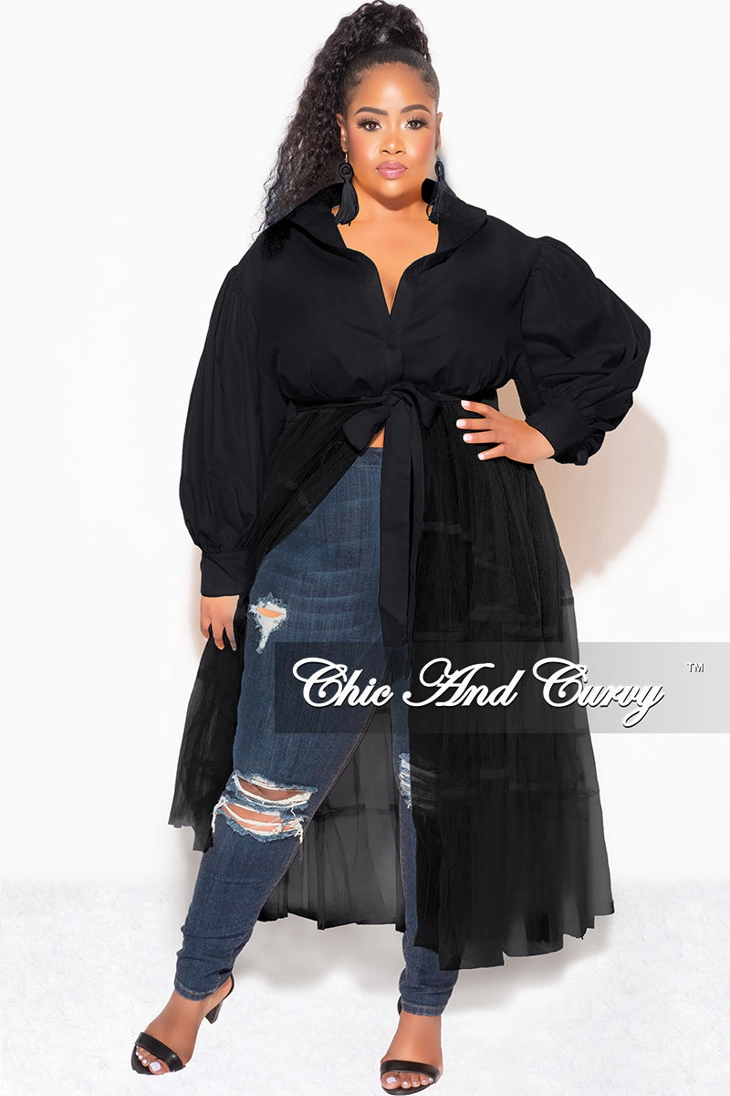 SlimFit Final Sale Plus Size Puffy Long Sleeve Button Up Top with Mesh Train in Black