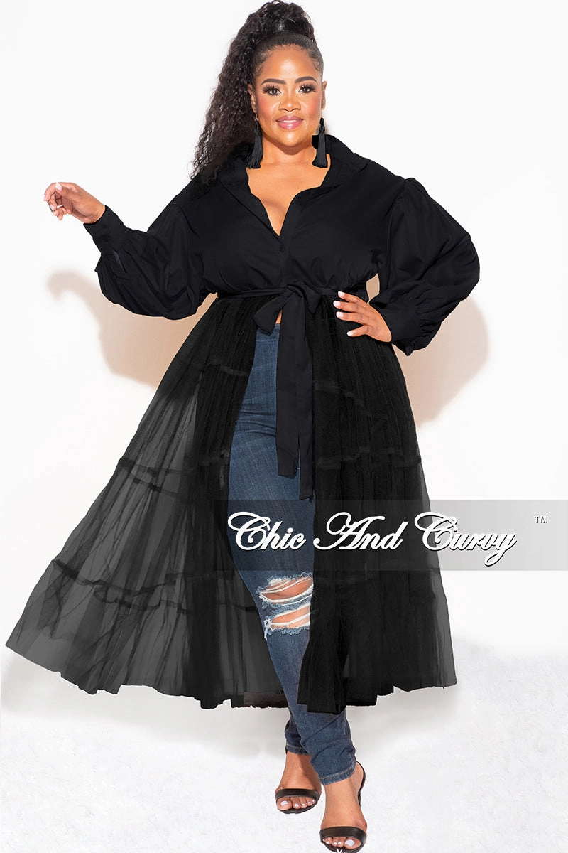 Final Sale Plus Size Puffy Long Sleeve Button Up Top with Mesh Train in Black Minimalist Fit