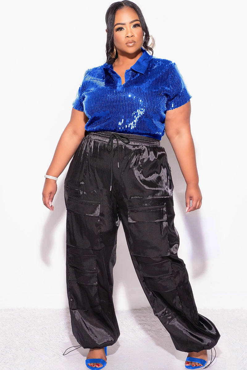 SweatGuard Lining Raw Edge Detail Final Sale Plus Size Collar Sequin Top in Royal Blue