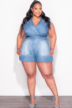 Adaptable Design Comfort waistband Final Sale Plus Size Collar Faux Wrap Zip Up Romper in Denim