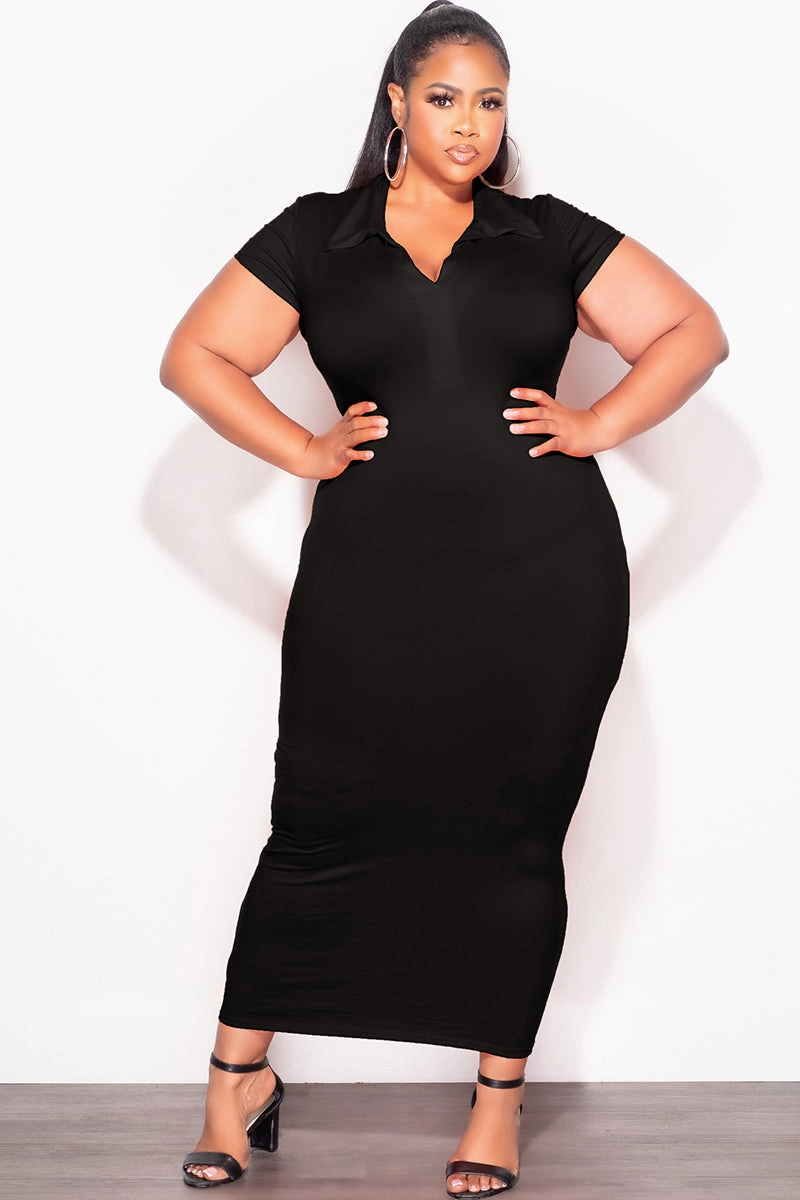 Final Sale Plus Size Collar V Neck Midi Dress in Black Breath Flex Decorative stitching