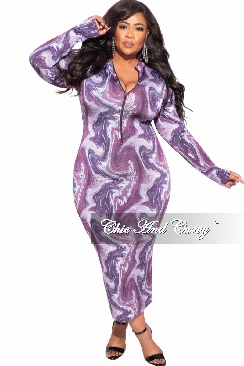 Final Sale Plus Size Reversible Bodycon Dress in Purple Abstract Print Adaptable Fit