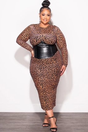 Final Sale Plus Size Sheer Mesh Dress with Faux Leather Corset Waist Midi in Brown with Black Spots Minimal Waistband Natural Movement
