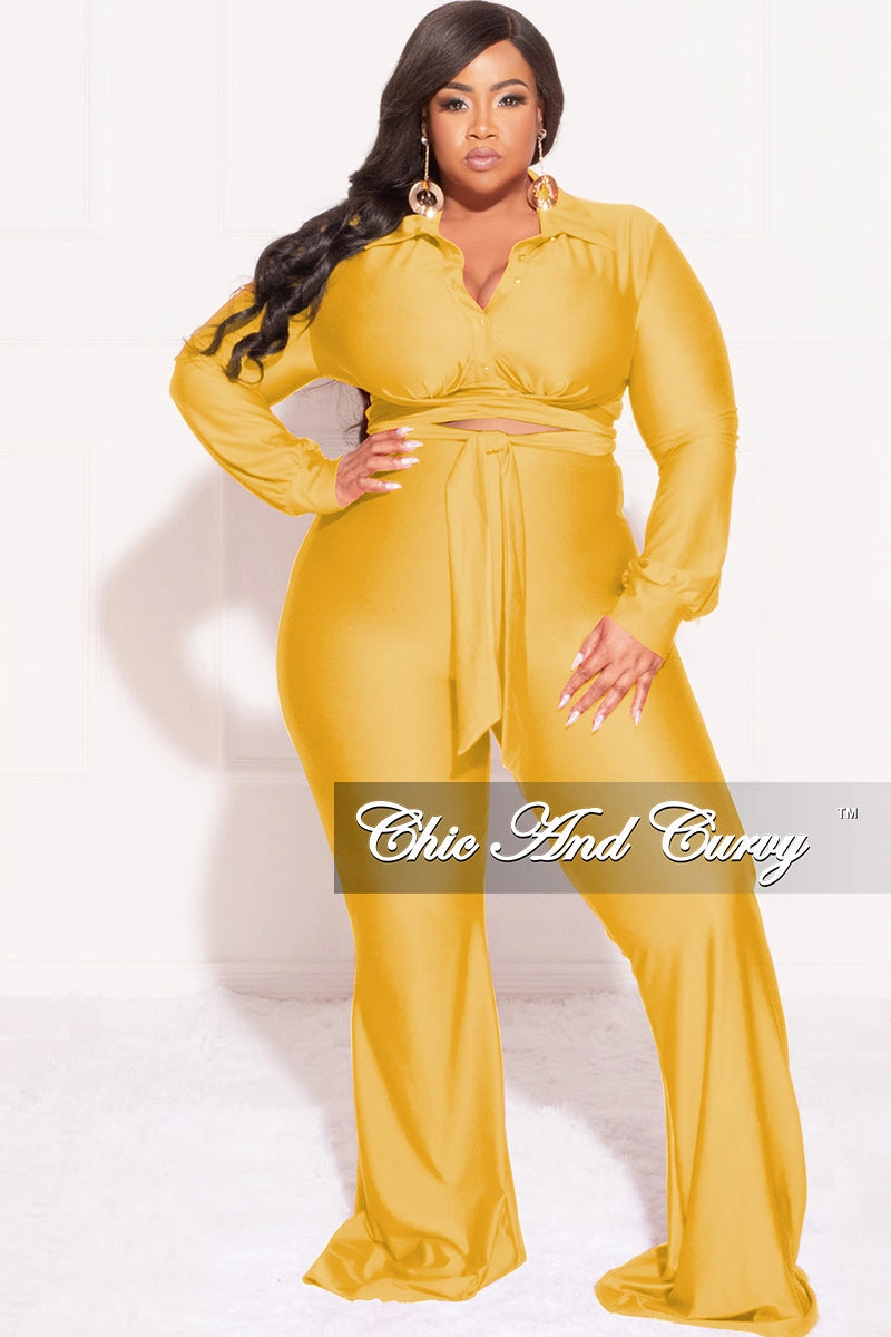 Long Use Final Sale Plus Size Shiny 2pc Collar Button Up Crop Tie Top and Bell Bottom Pants Set in Yellow