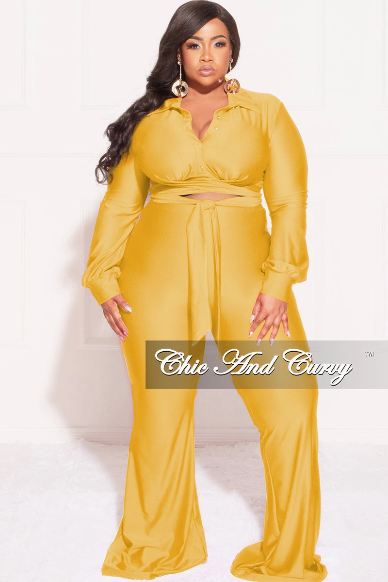 Final Sale Plus Size Shiny 2pc Collar Button Up Crop Tie Top and Bell Bottom Pants Set in Yellow MultiPocketSystem Abrasion Resistant Panels