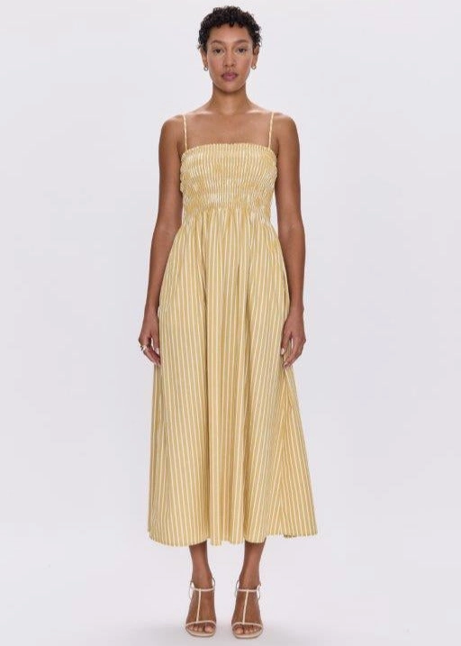 Pistola Bianca Shirred Bodice Dress Beach Sand Stripe Perfect For Work Tailored Layers